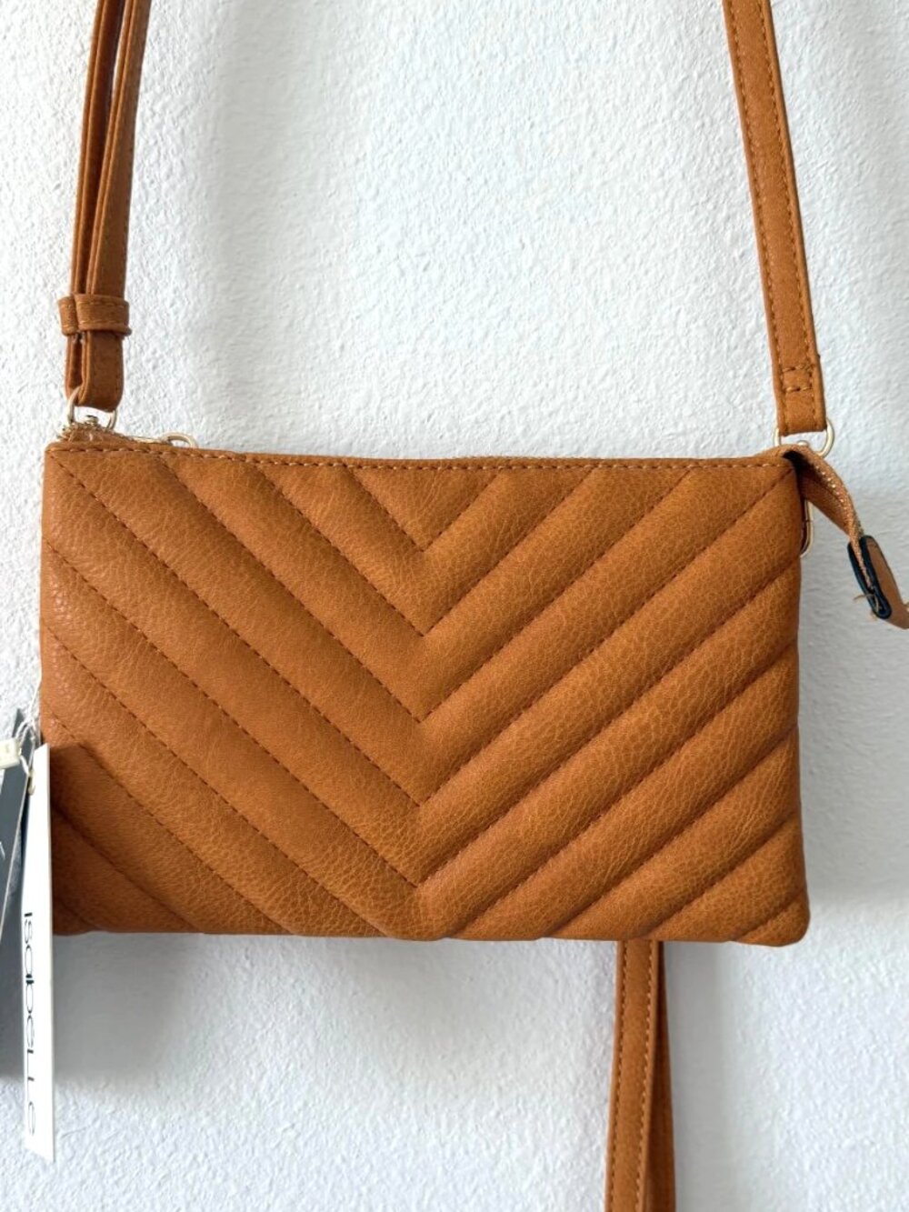 Isabelle Quilted Chevron Crossbody Bag Wristlet Clutch Cognac Brown Women NWT